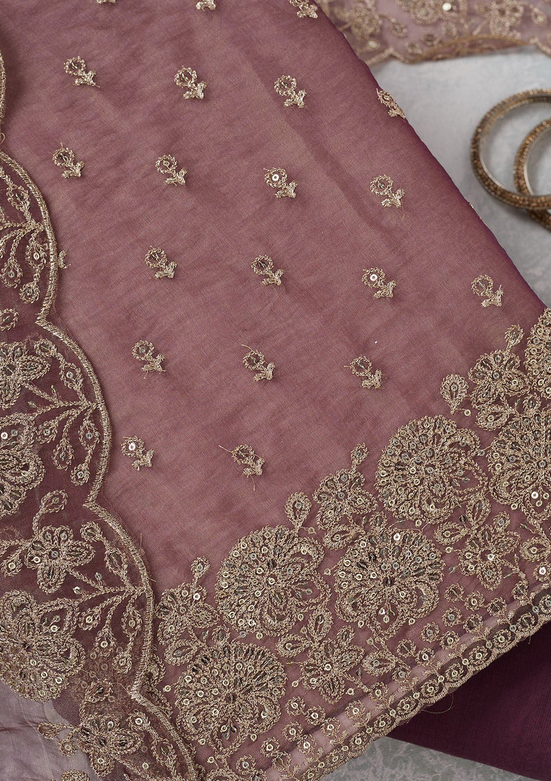 Wine Zariwork (Gold) Tissue Unstitched Salwar Suit