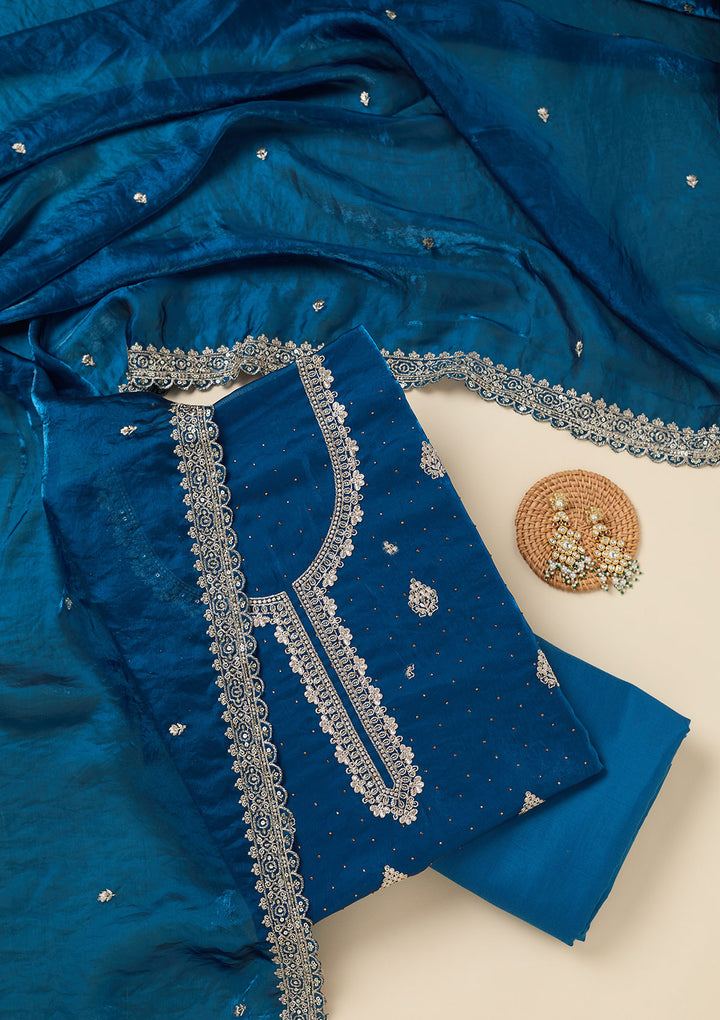 Blue Zardozi (Gold) Semi Crepe Unstitched Salwar Suit