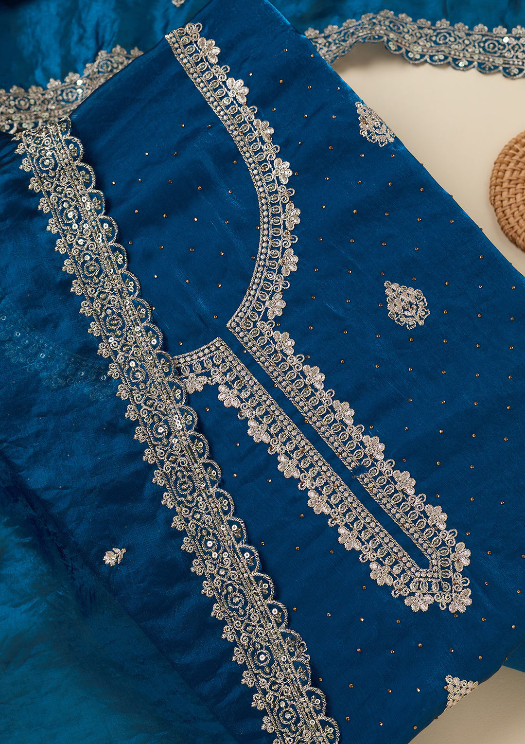 Blue Zardozi (Gold) Semi Crepe Unstitched Salwar Suit