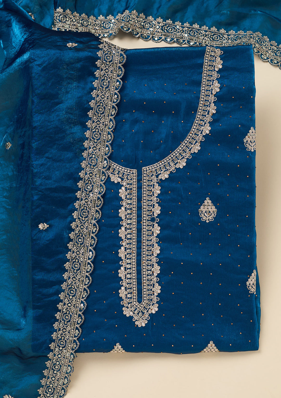 Blue Zardozi (Gold) Semi Crepe Unstitched Salwar Suit