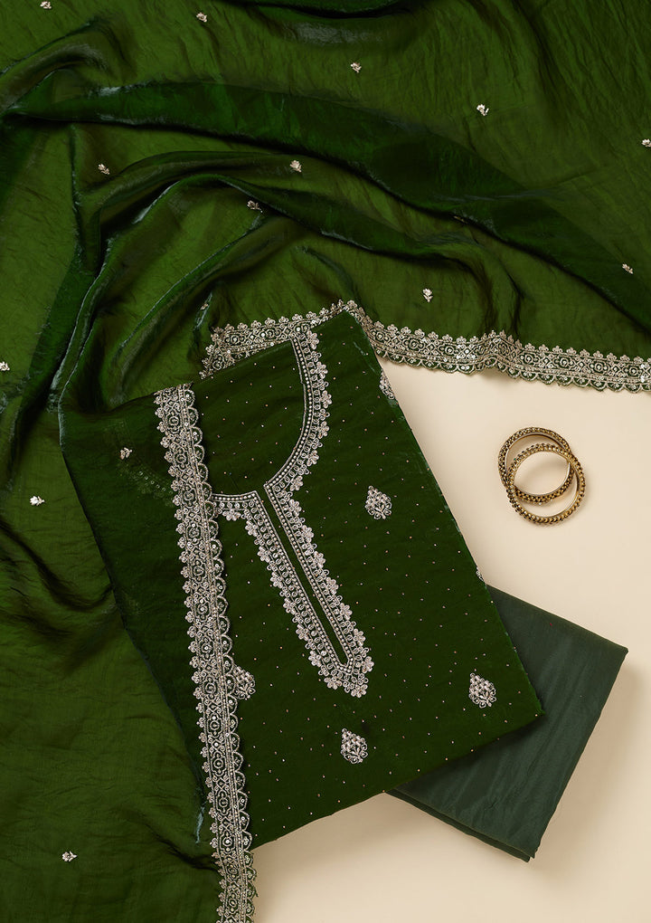 Green Crepe Gold Zardozi Work Unstitched Dress Material With Matching Bottom And Dupatta