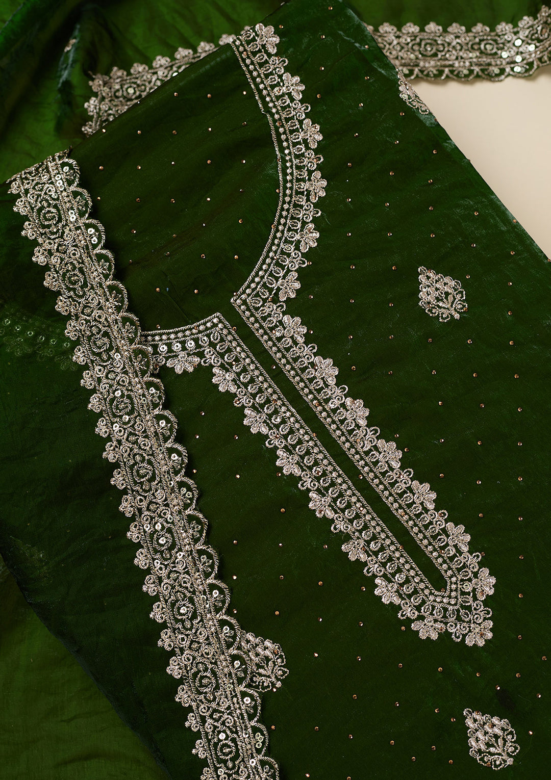Green Crepe Gold Zardozi Work Unstitched Dress Material With Matching Bottom And Dupatta