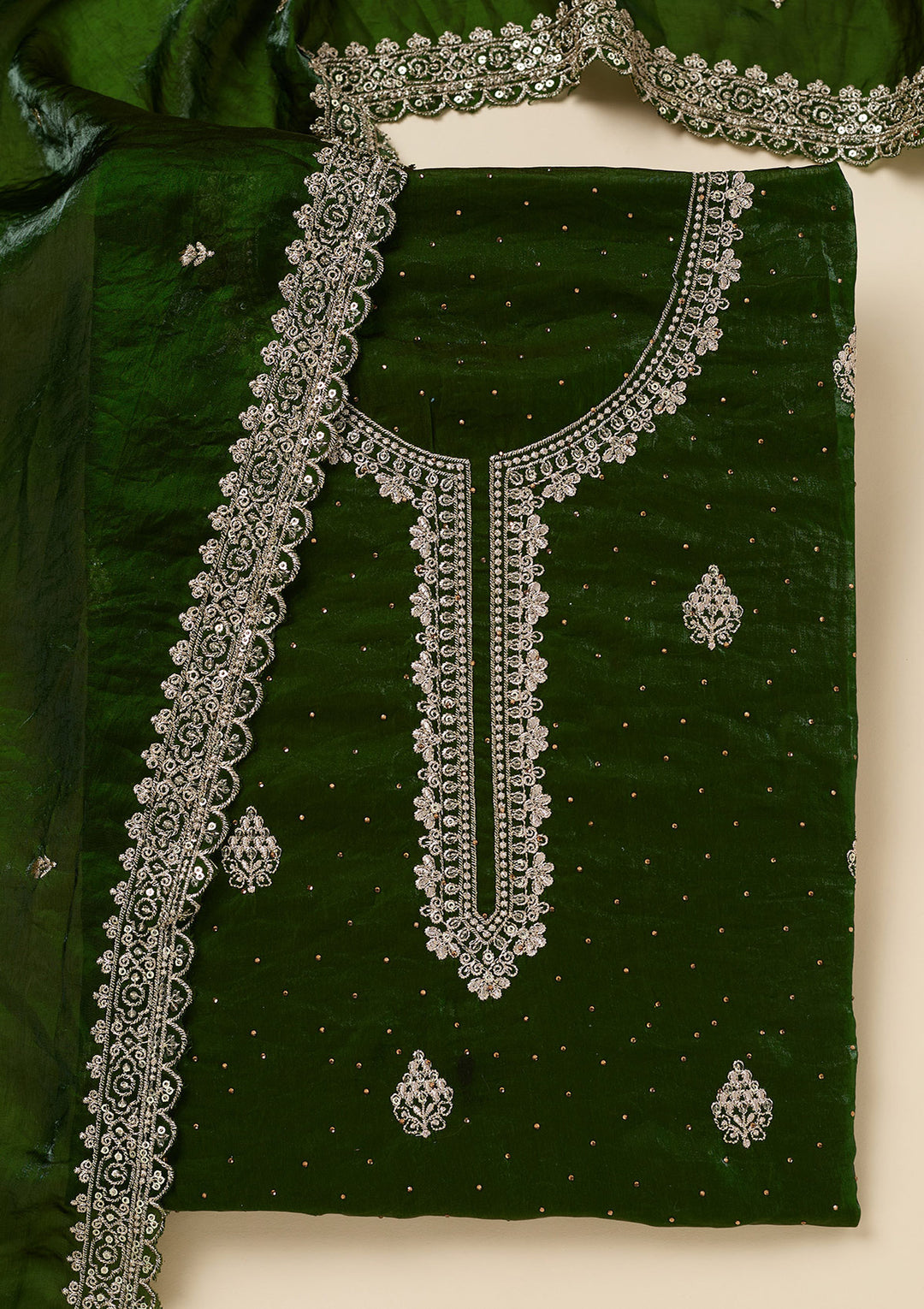 Green Crepe Gold Zardozi Work Unstitched Dress Material With Matching Bottom And Dupatta