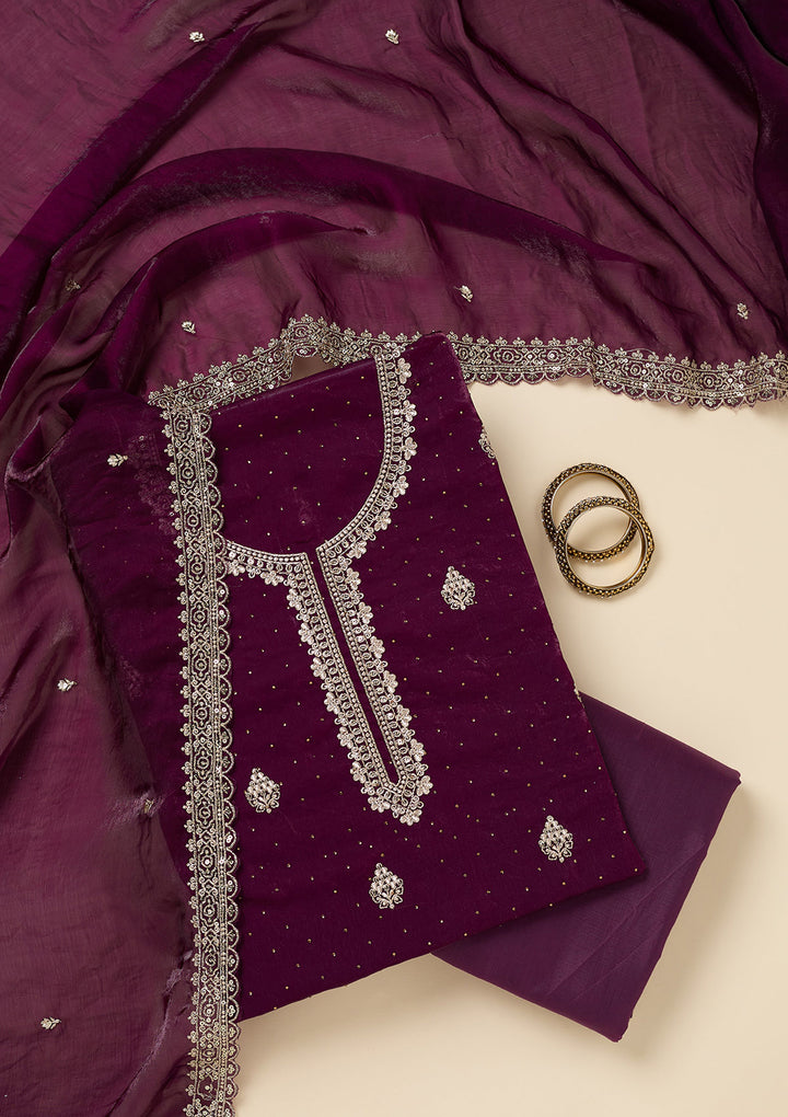 Purple Crepe Silver Zariwork Unstitched Dress Material With Matching Bottom And Dupatta