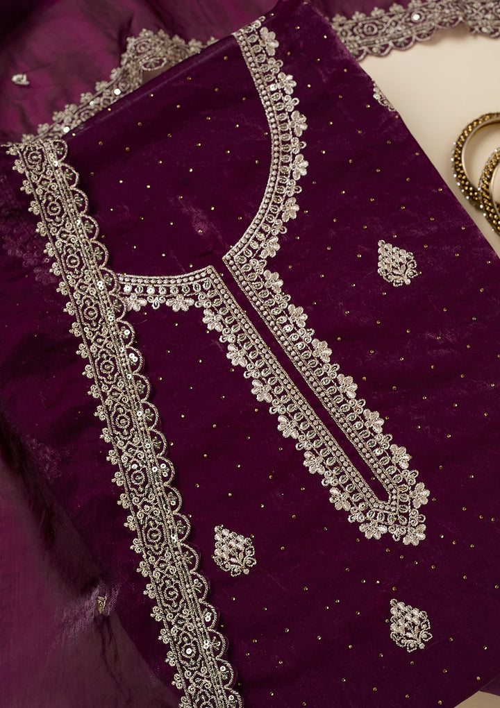 Purple Crepe Silver Zariwork Unstitched Dress Material With Matching Bottom And Dupatta