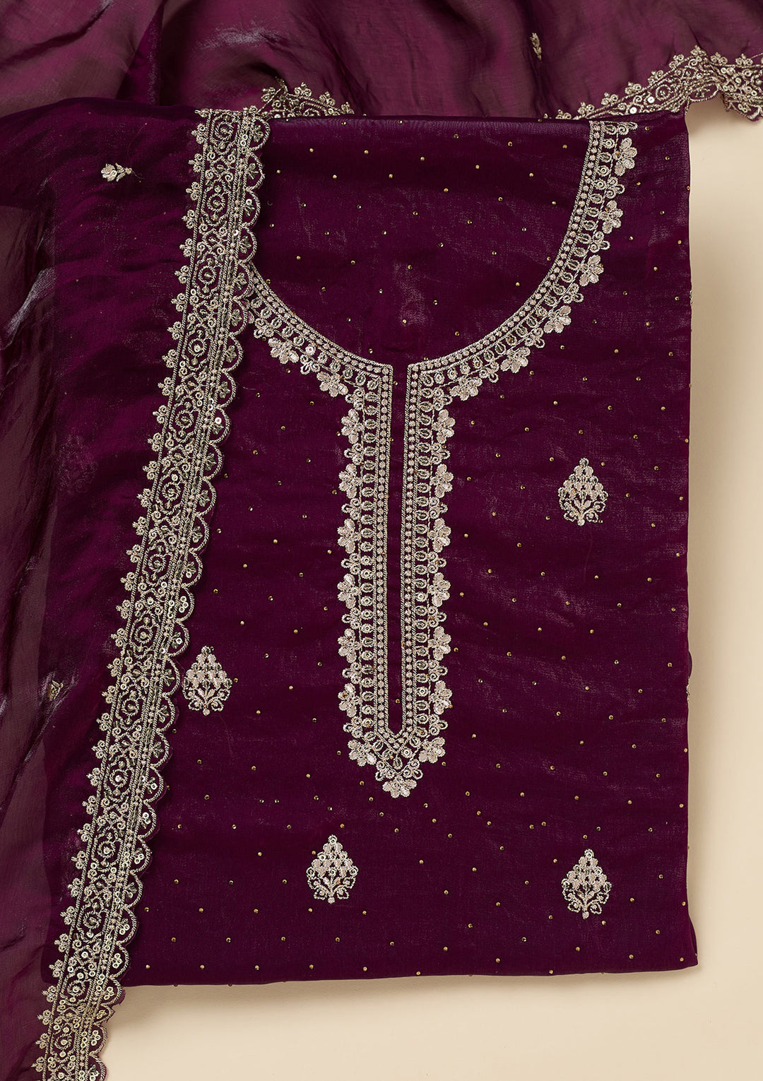 Purple Crepe Silver Zariwork Unstitched Dress Material With Matching Bottom And Dupatta