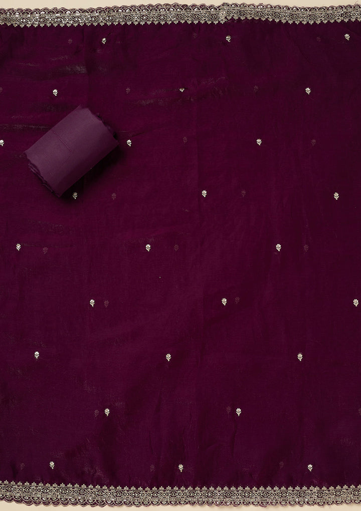 Purple Crepe Silver Zariwork Unstitched Dress Material With Matching Bottom And Dupatta