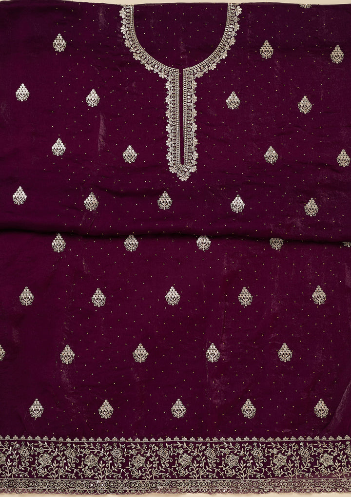 Purple Crepe Silver Zariwork Unstitched Dress Material With Matching Bottom And Dupatta