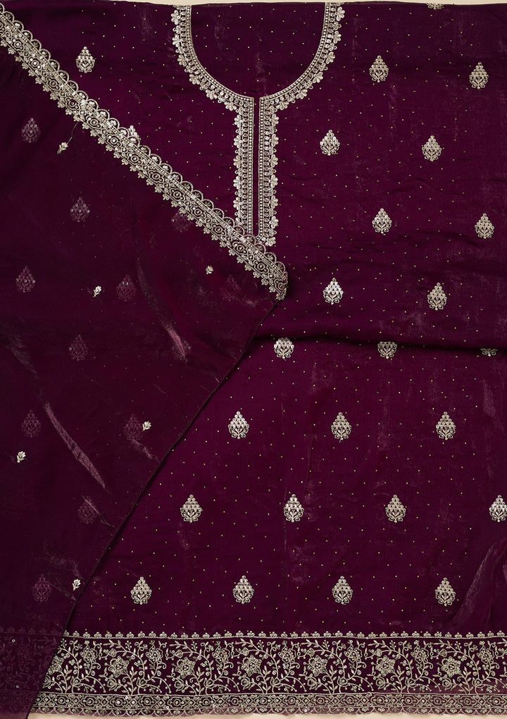 Purple Crepe Silver Zariwork Unstitched Dress Material With Matching Bottom And Dupatta
