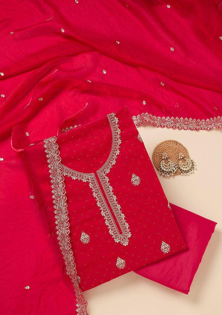 Rani Pink Crepe Gold Zardozi Work Unstitched Dress Material With Matching Bottom And Dupatta