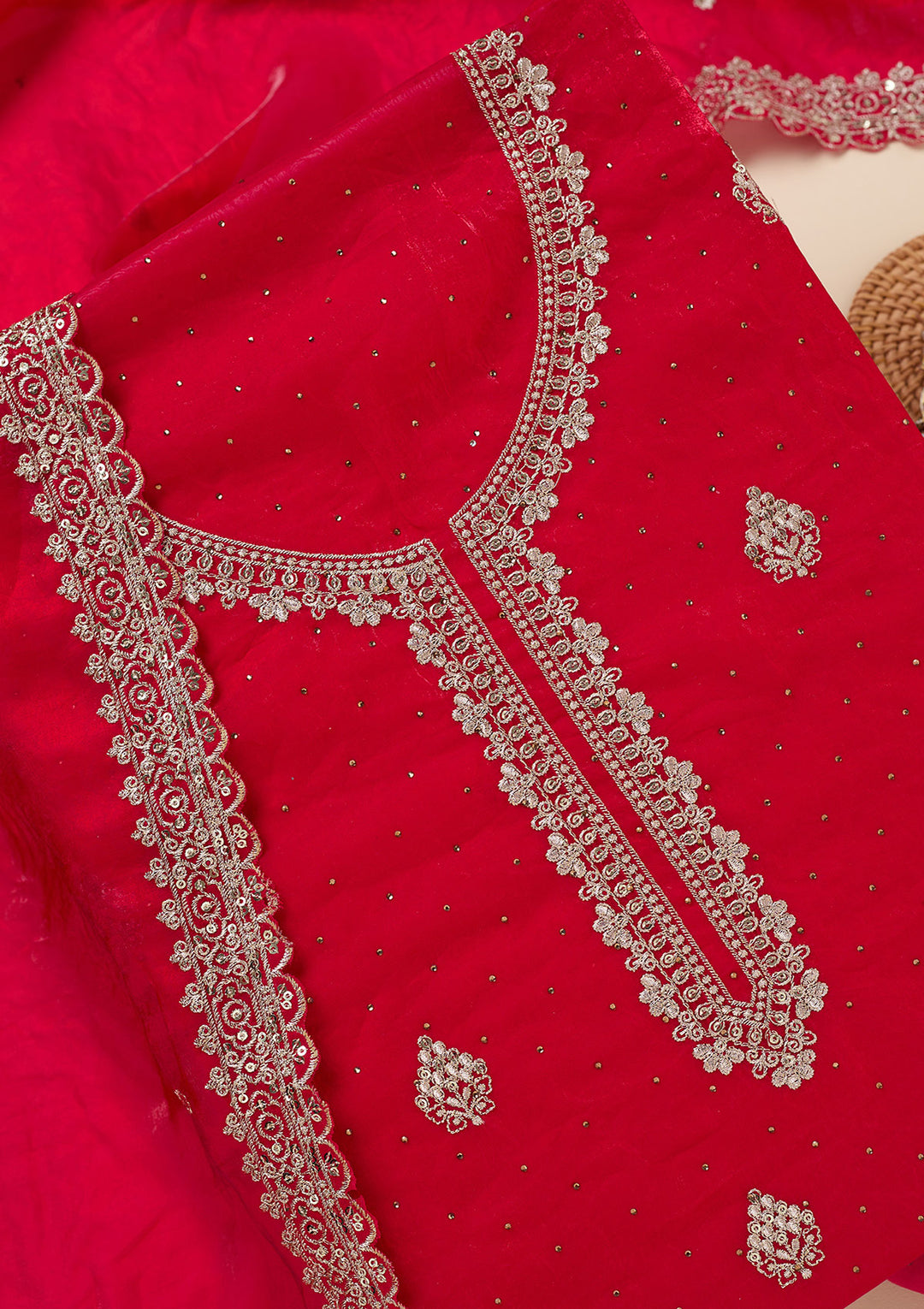 Rani Pink Crepe Gold Zardozi Work Unstitched Dress Material With Matching Bottom And Dupatta