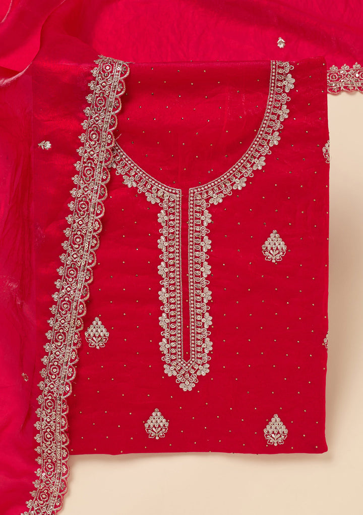 Rani Pink Crepe Gold Zardozi Work Unstitched Dress Material With Matching Bottom And Dupatta