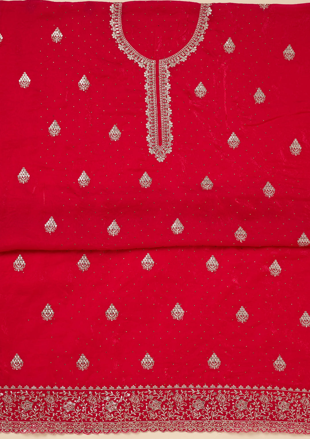 Rani Pink Crepe Gold Zardozi Work Unstitched Dress Material With Matching Bottom And Dupatta