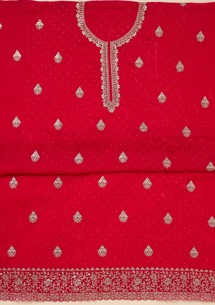 Rani Pink Crepe Gold Zardozi Work Unstitched Dress Material With Matching Bottom And Dupatta