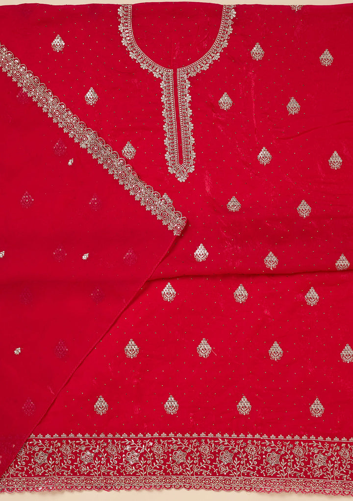 Rani Pink Crepe Gold Zardozi Work Unstitched Dress Material With Matching Bottom And Dupatta