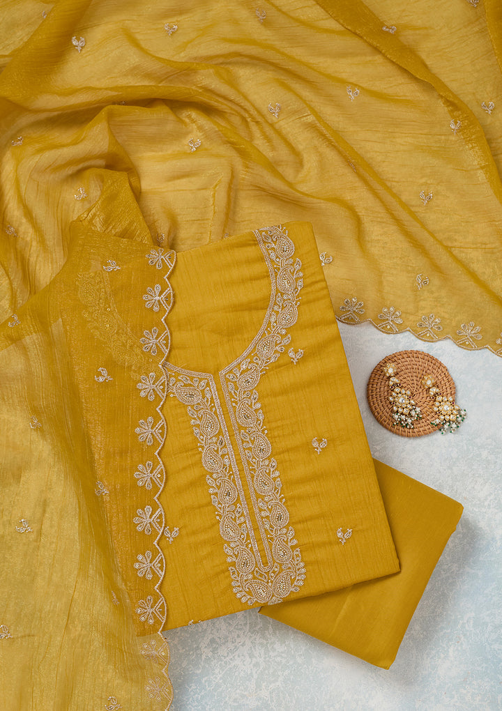 Yellow Crepe Gold Zariwork Unstitched Dress Material With Matching Bottom And Dupatta