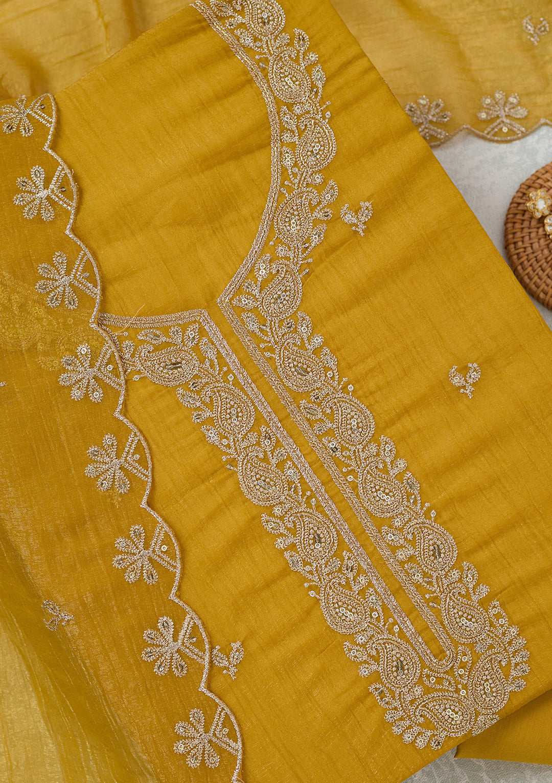 Yellow Crepe Gold Zariwork Unstitched Dress Material With Matching Bottom And Dupatta