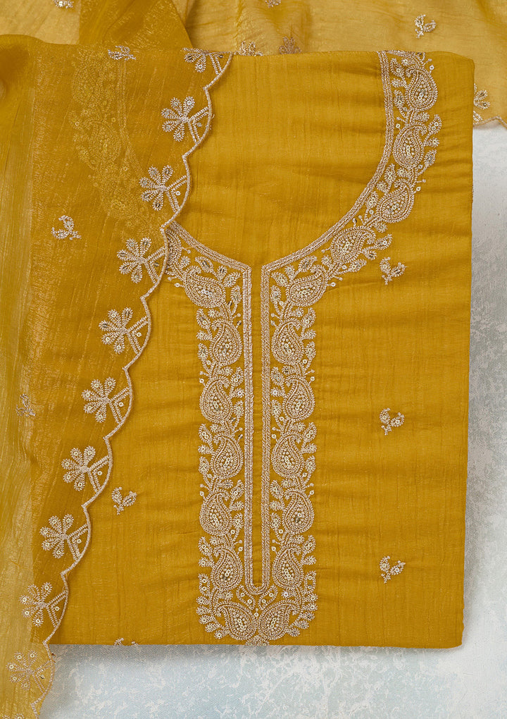 Yellow Crepe Gold Zariwork Unstitched Dress Material With Matching Bottom And Dupatta