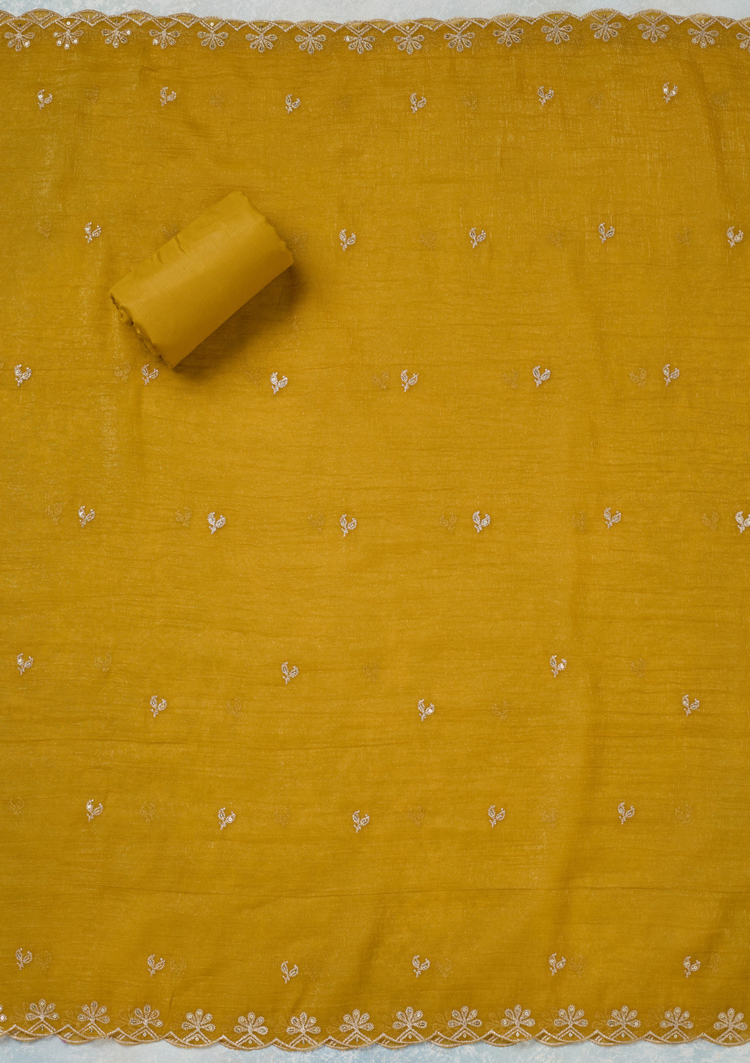 Yellow Crepe Gold Zariwork Unstitched Dress Material With Matching Bottom And Dupatta