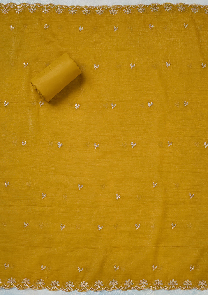 Yellow Crepe Gold Zariwork Unstitched Dress Material With Matching Bottom And Dupatta
