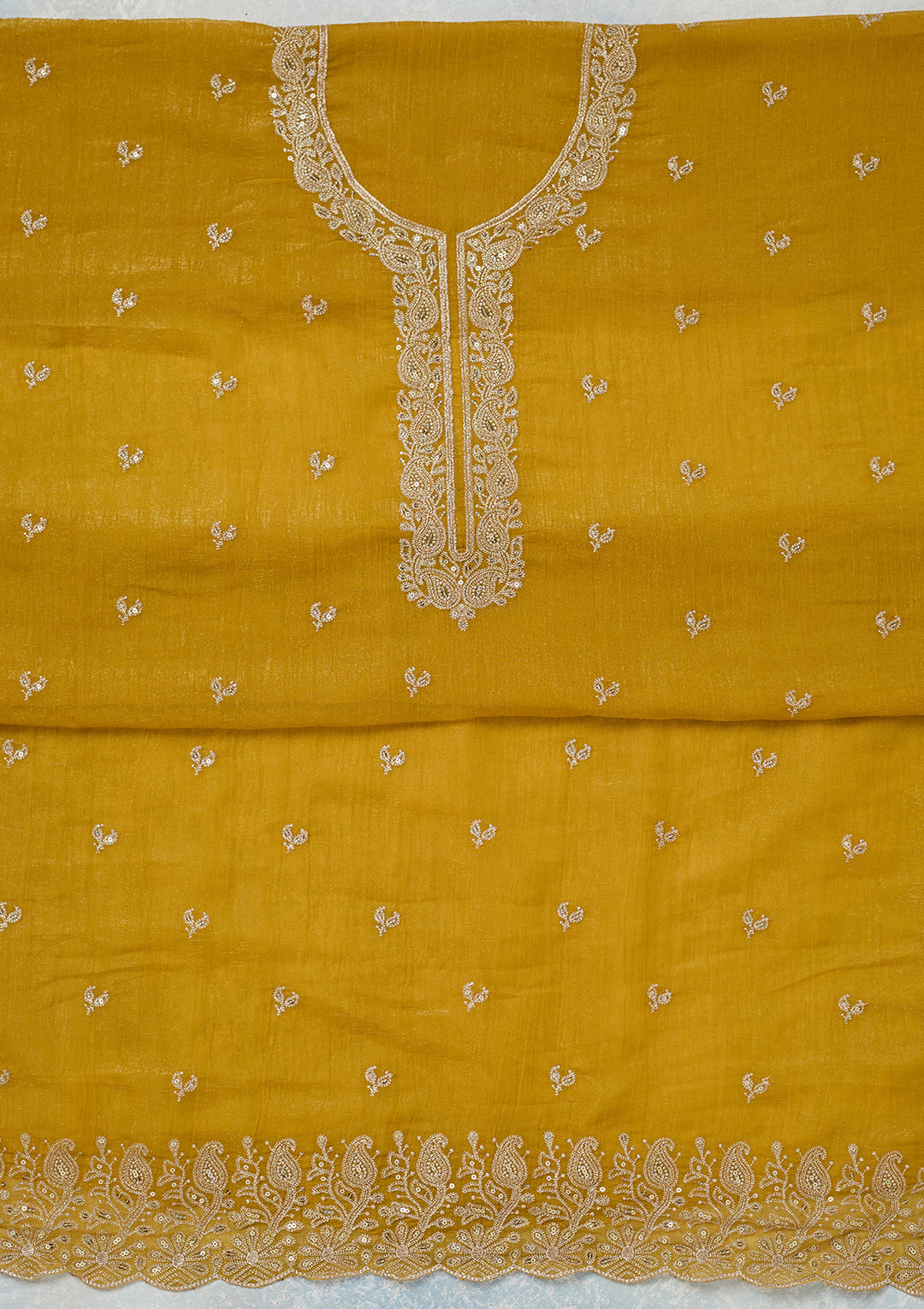 Yellow Crepe Gold Zariwork Unstitched Dress Material With Matching Bottom And Dupatta