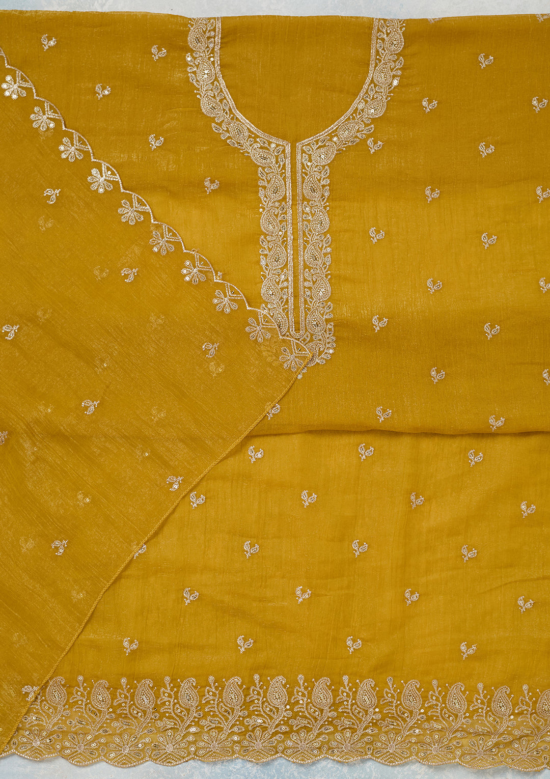 Yellow Crepe Gold Zariwork Unstitched Dress Material With Matching Bottom And Dupatta