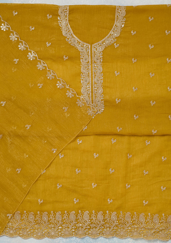 Yellow Crepe Gold Zariwork Unstitched Dress Material With Matching Bottom And Dupatta