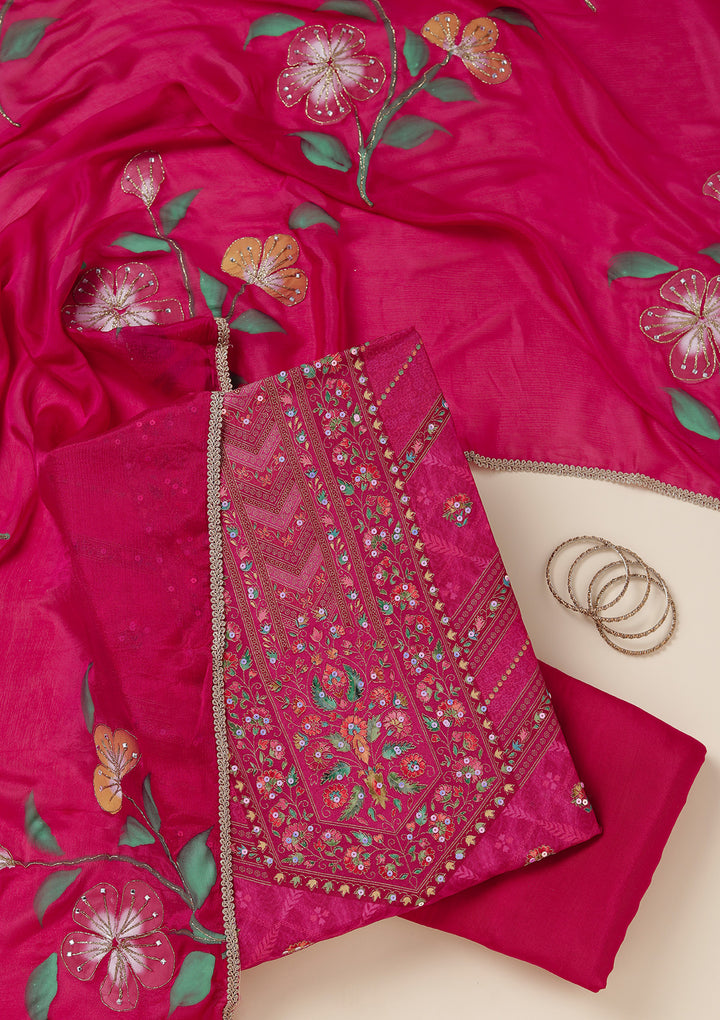 Magenta Pink Dola Silk Gold Zariwork Unstitched Dress Material With Matching Bottom And Dupatta