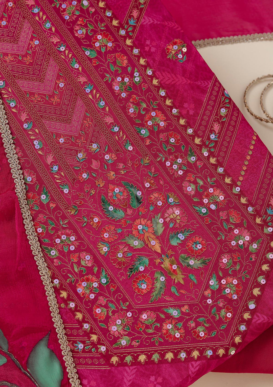 Magenta Pink Dola Silk Gold Zariwork Unstitched Dress Material With Matching Bottom And Dupatta