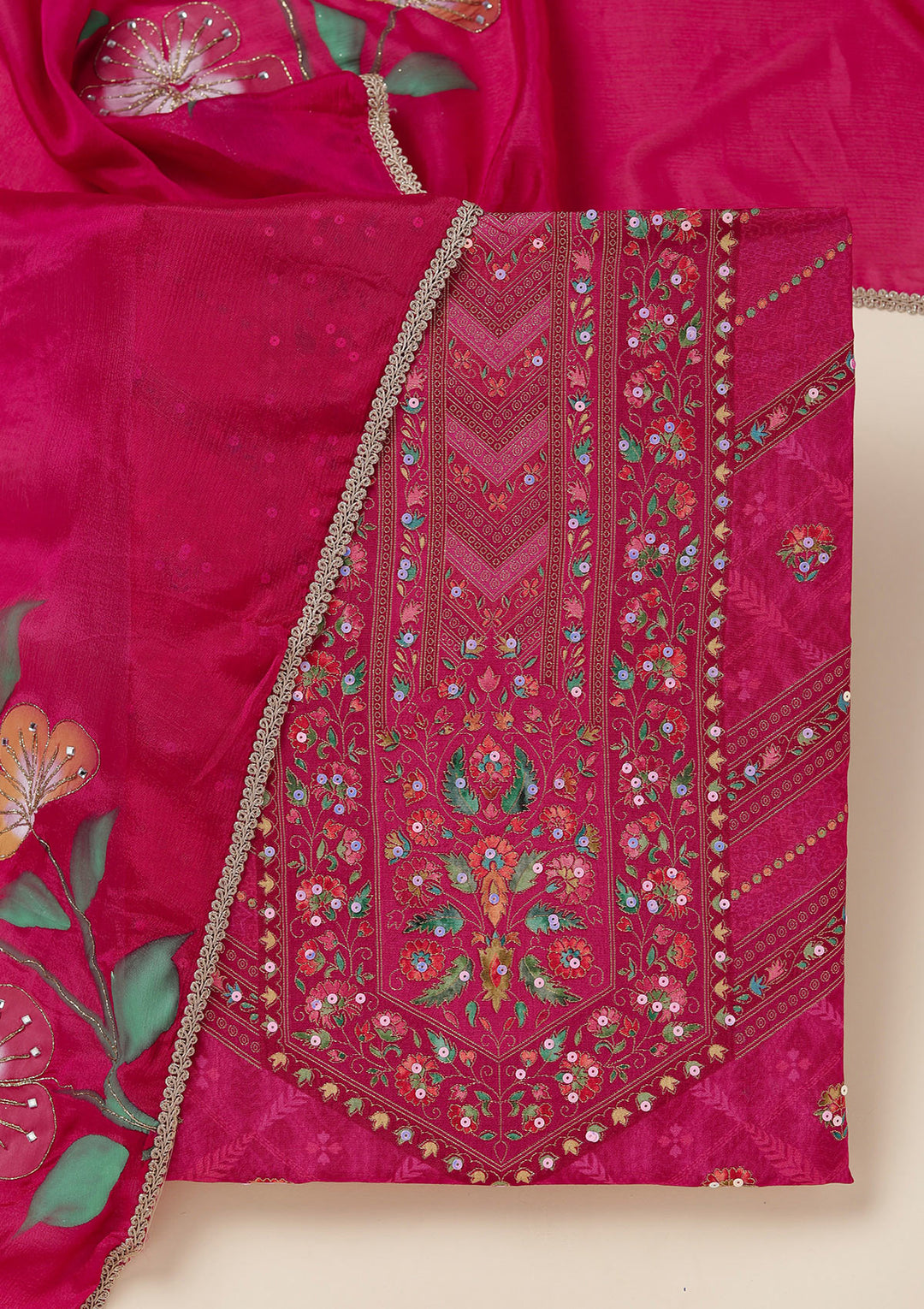 Magenta Pink Dola Silk Gold Zariwork Unstitched Dress Material With Matching Bottom And Dupatta