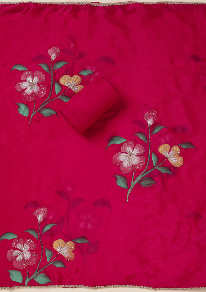 Magenta Pink Dola Silk Gold Zariwork Unstitched Dress Material With Matching Bottom And Dupatta