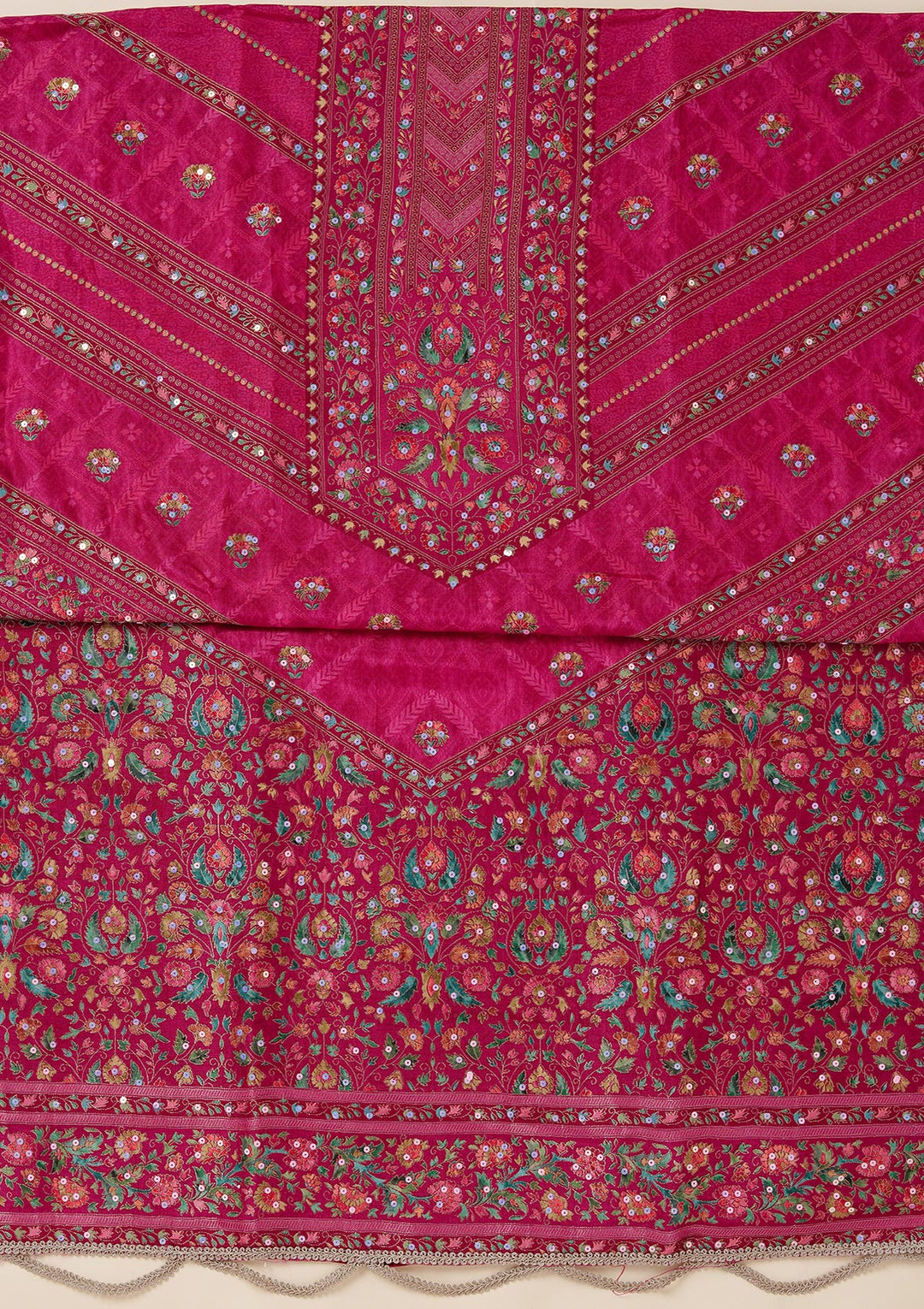 Magenta Pink Dola Silk Gold Zariwork Unstitched Dress Material With Matching Bottom And Dupatta