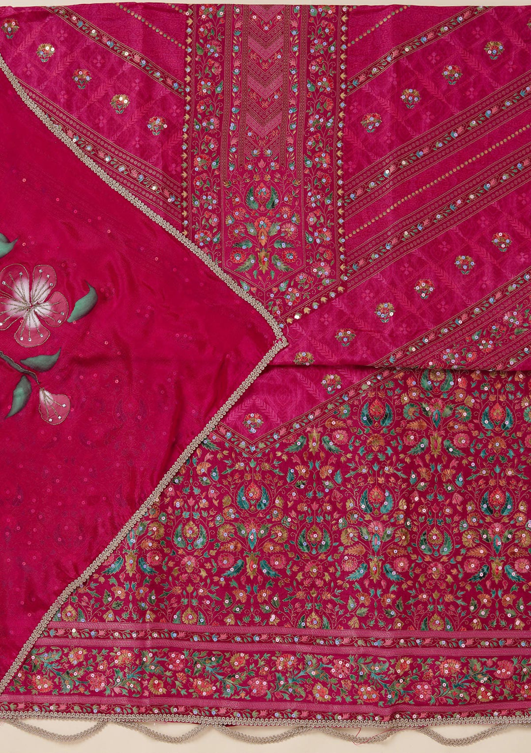 Magenta Pink Dola Silk Gold Zariwork Unstitched Dress Material With Matching Bottom And Dupatta