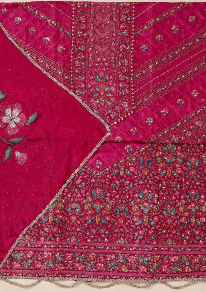 Magenta Pink Dola Silk Gold Zariwork Unstitched Dress Material With Matching Bottom And Dupatta