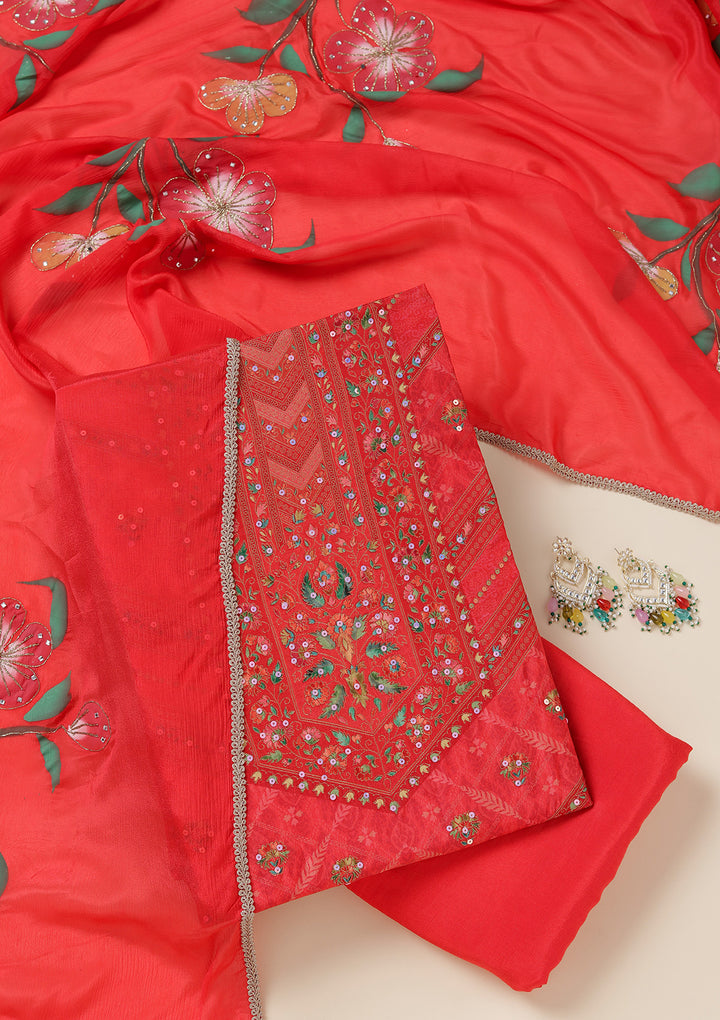Red Dola Silk Gold Zariwork Unstitched Dress Material With Matching Bottom And Dupatta