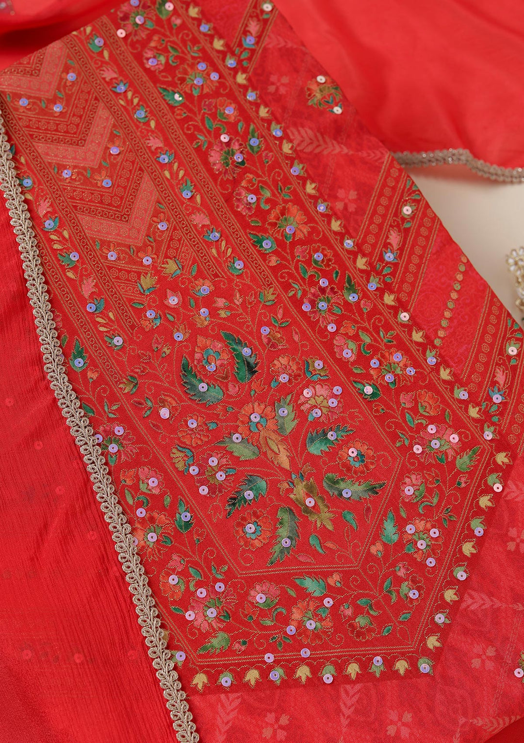Red Dola Silk Gold Zariwork Unstitched Dress Material With Matching Bottom And Dupatta