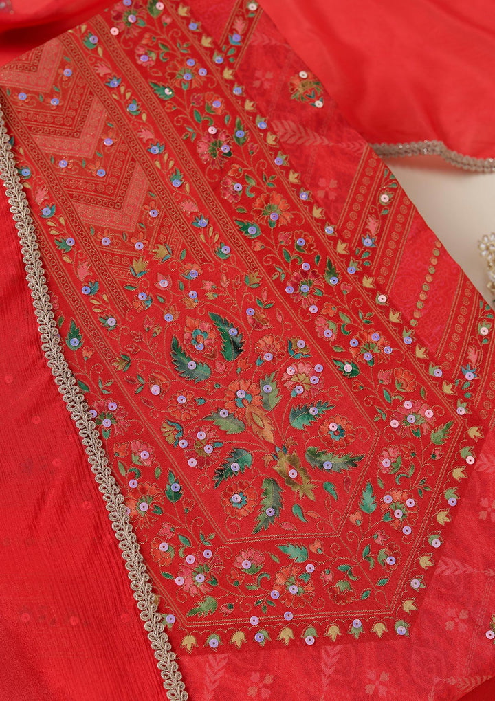 Red Dola Silk Gold Zariwork Unstitched Dress Material With Matching Bottom And Dupatta