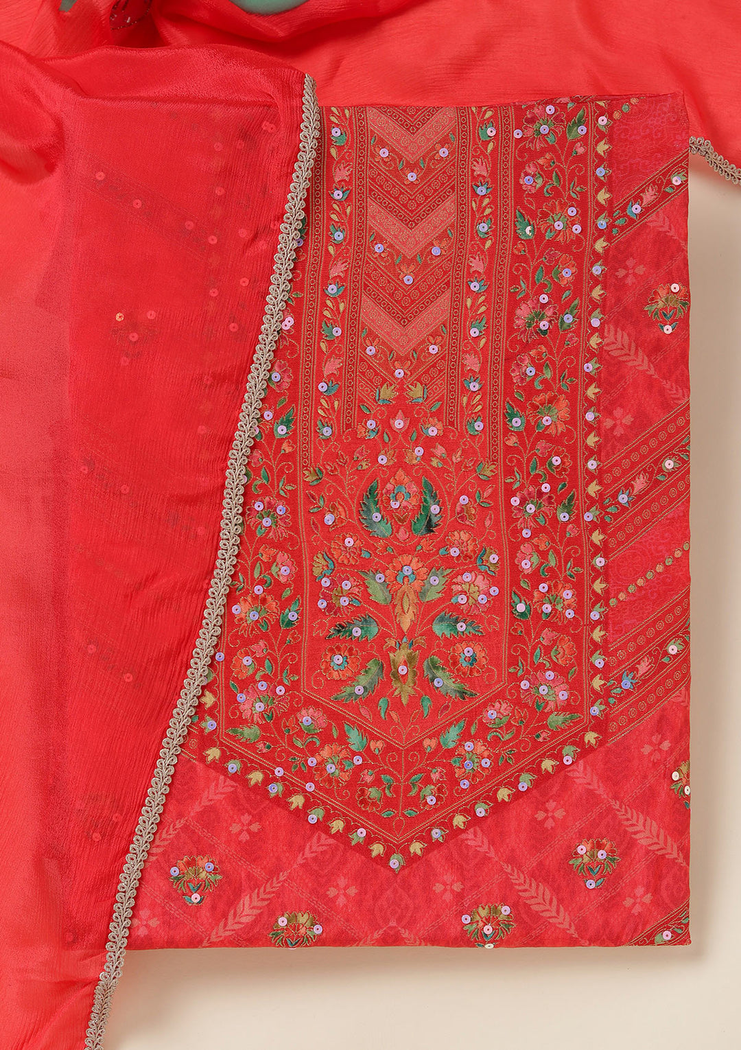 Red Dola Silk Gold Zariwork Unstitched Dress Material With Matching Bottom And Dupatta