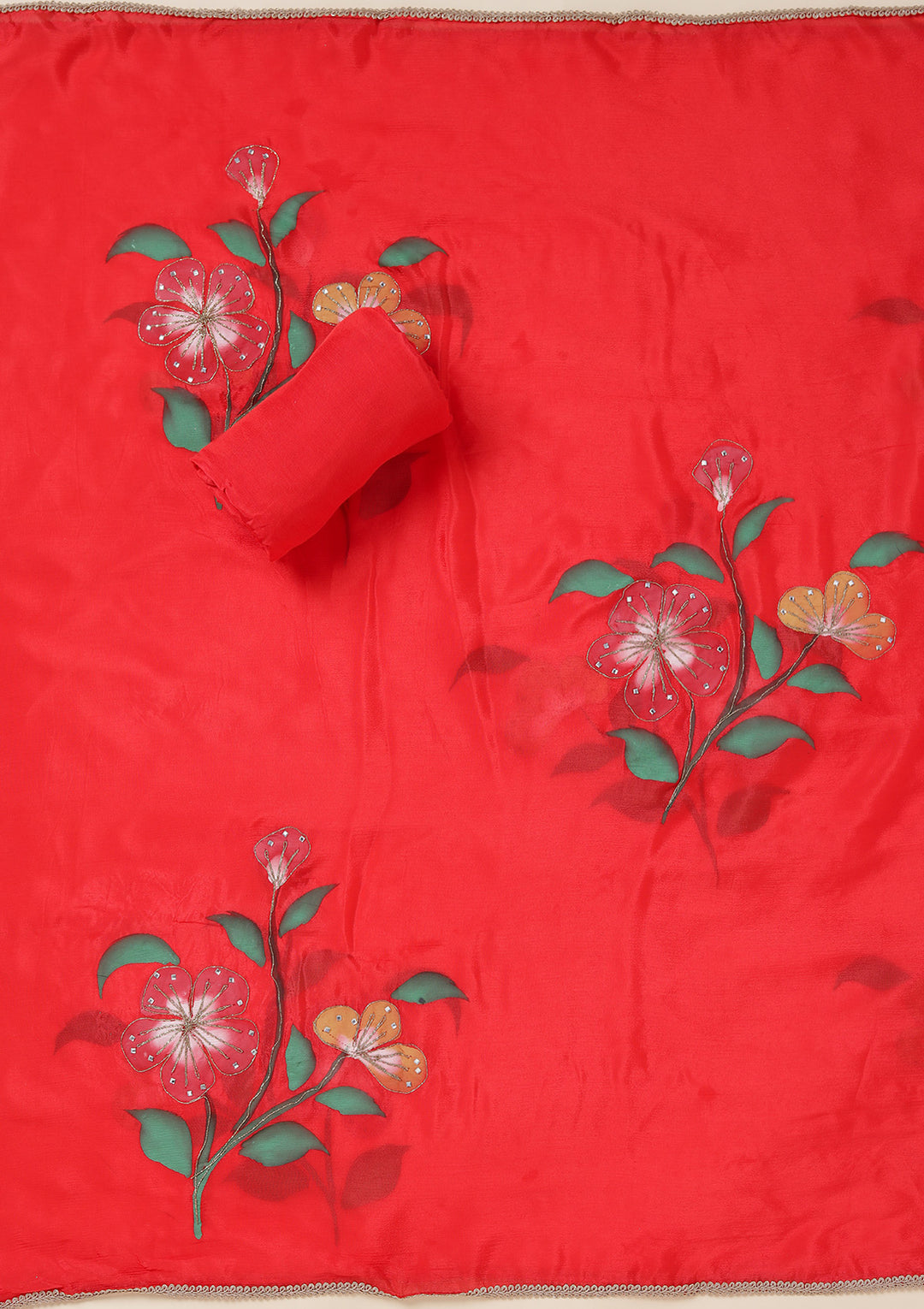 Red Dola Silk Gold Zariwork Unstitched Dress Material With Matching Bottom And Dupatta