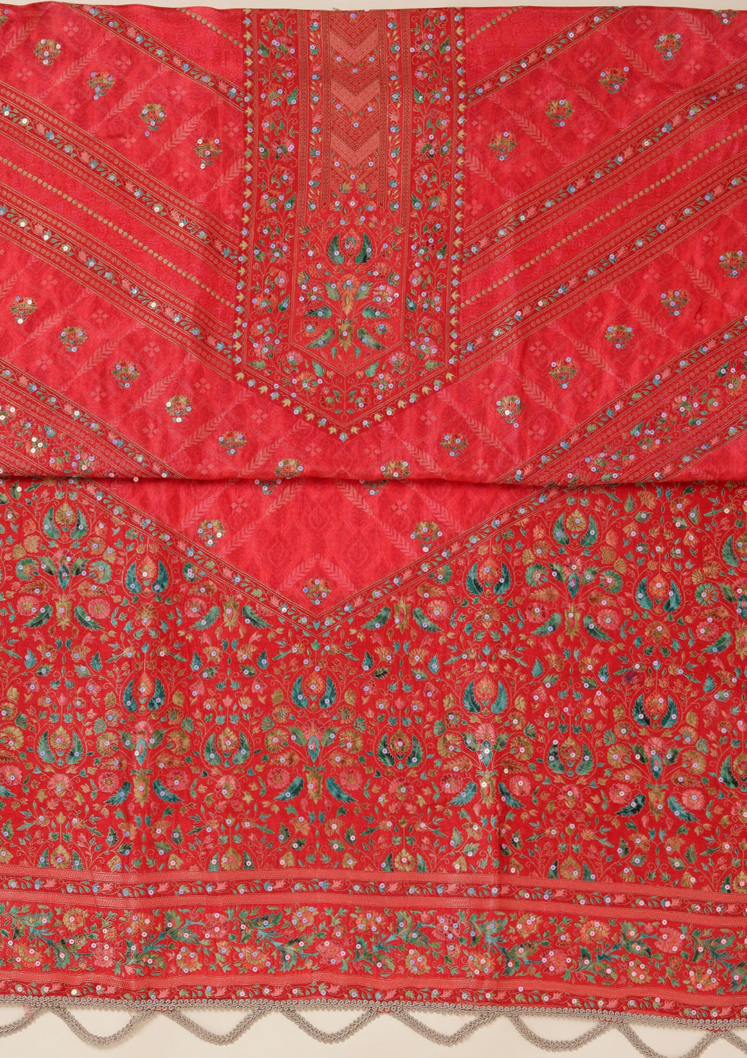 Red Dola Silk Gold Zariwork Unstitched Dress Material With Matching Bottom And Dupatta