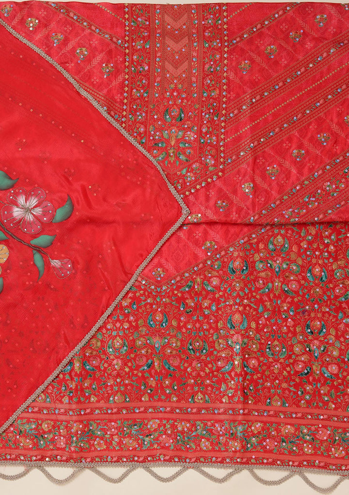 Red Dola Silk Gold Zariwork Unstitched Dress Material With Matching Bottom And Dupatta