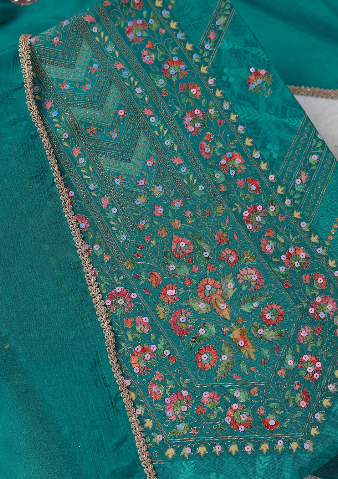 Turquoise Blue Zariwork (Gold) Brocade Unstitched Salwar Suit