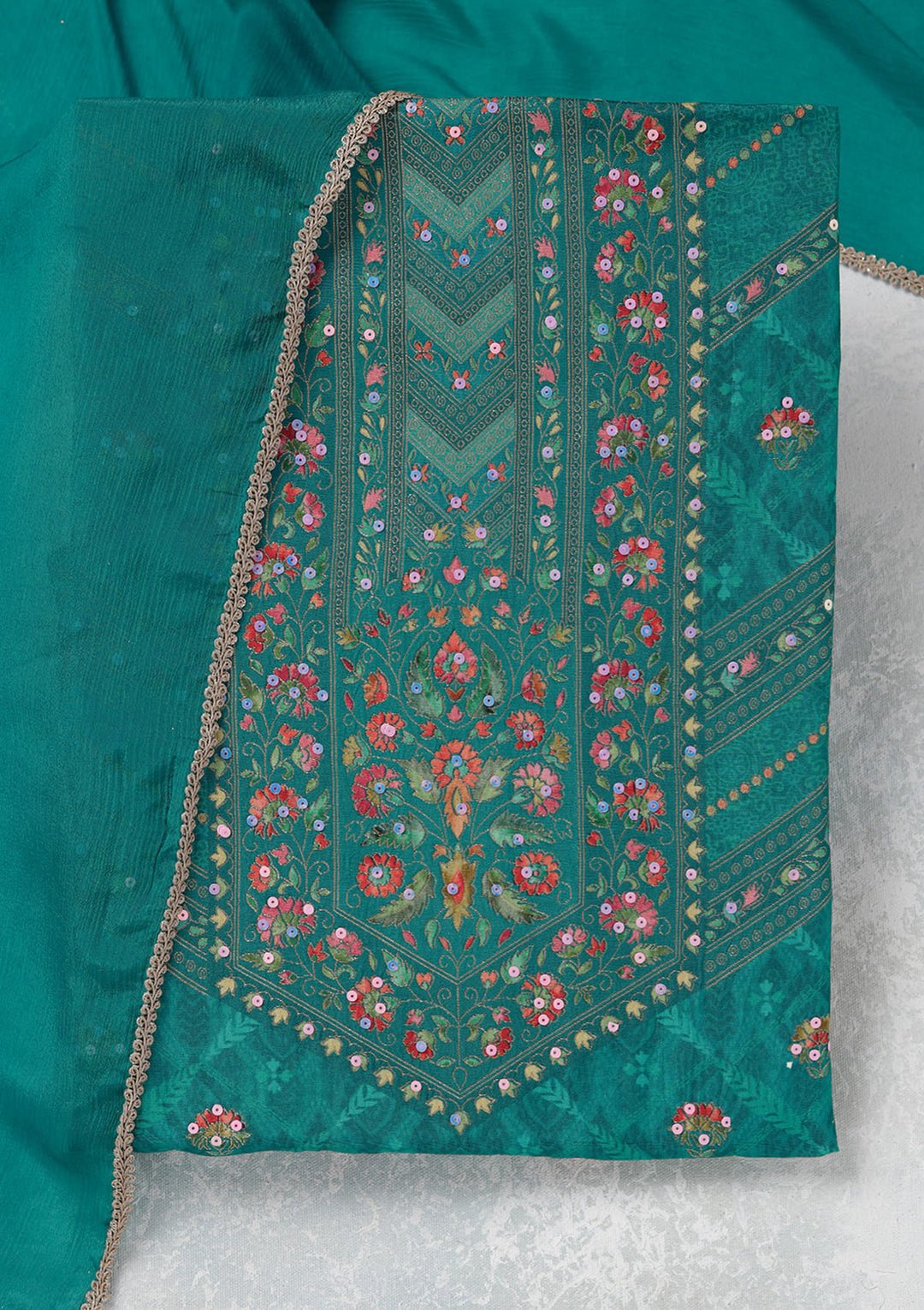 Turquoise Blue Zariwork (Gold) Brocade Unstitched Salwar Suit