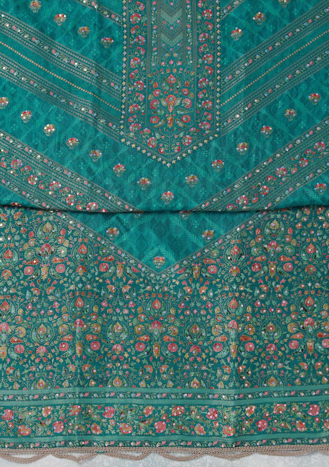 Turquoise Blue Zariwork (Gold) Brocade Unstitched Salwar Suit