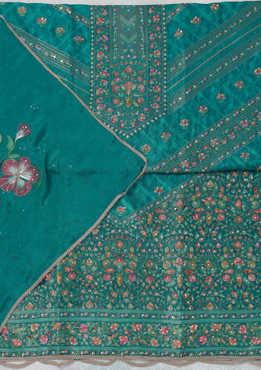 Turquoise Blue Zariwork (Gold) Brocade Unstitched Salwar Suit