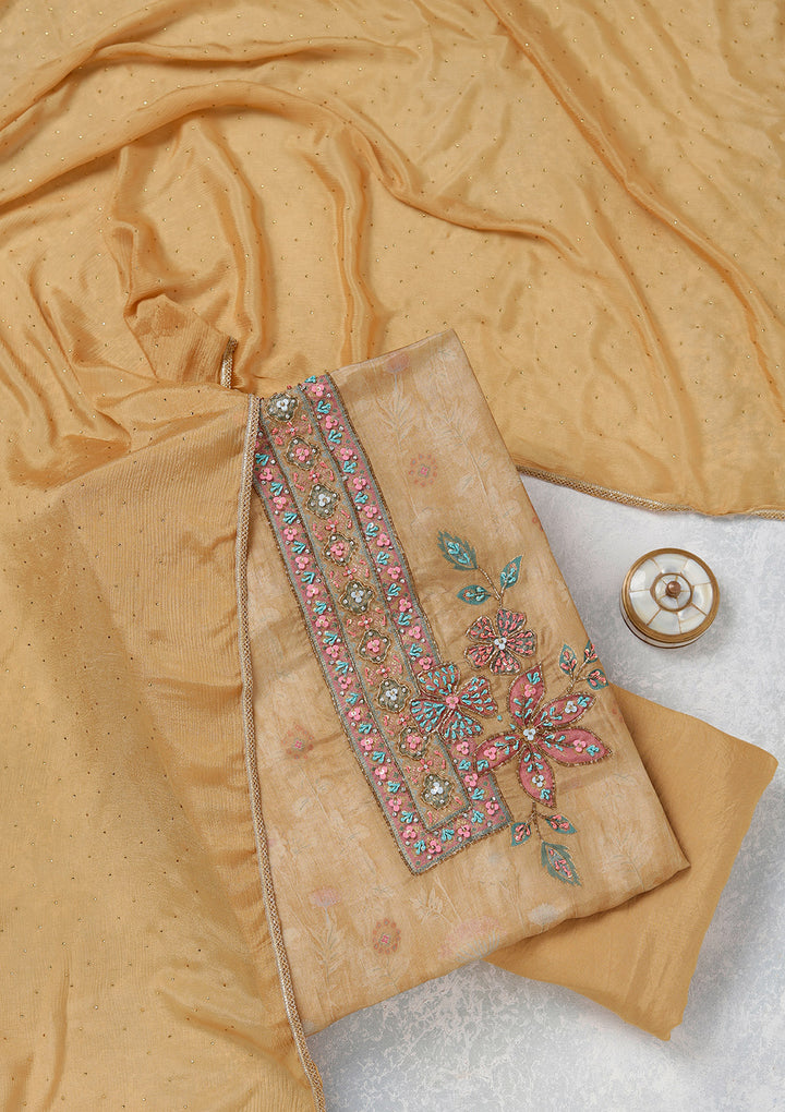 Beige Organza Gold Zariwork Unstitched Dress Material With Matching Bottom And Dupatta