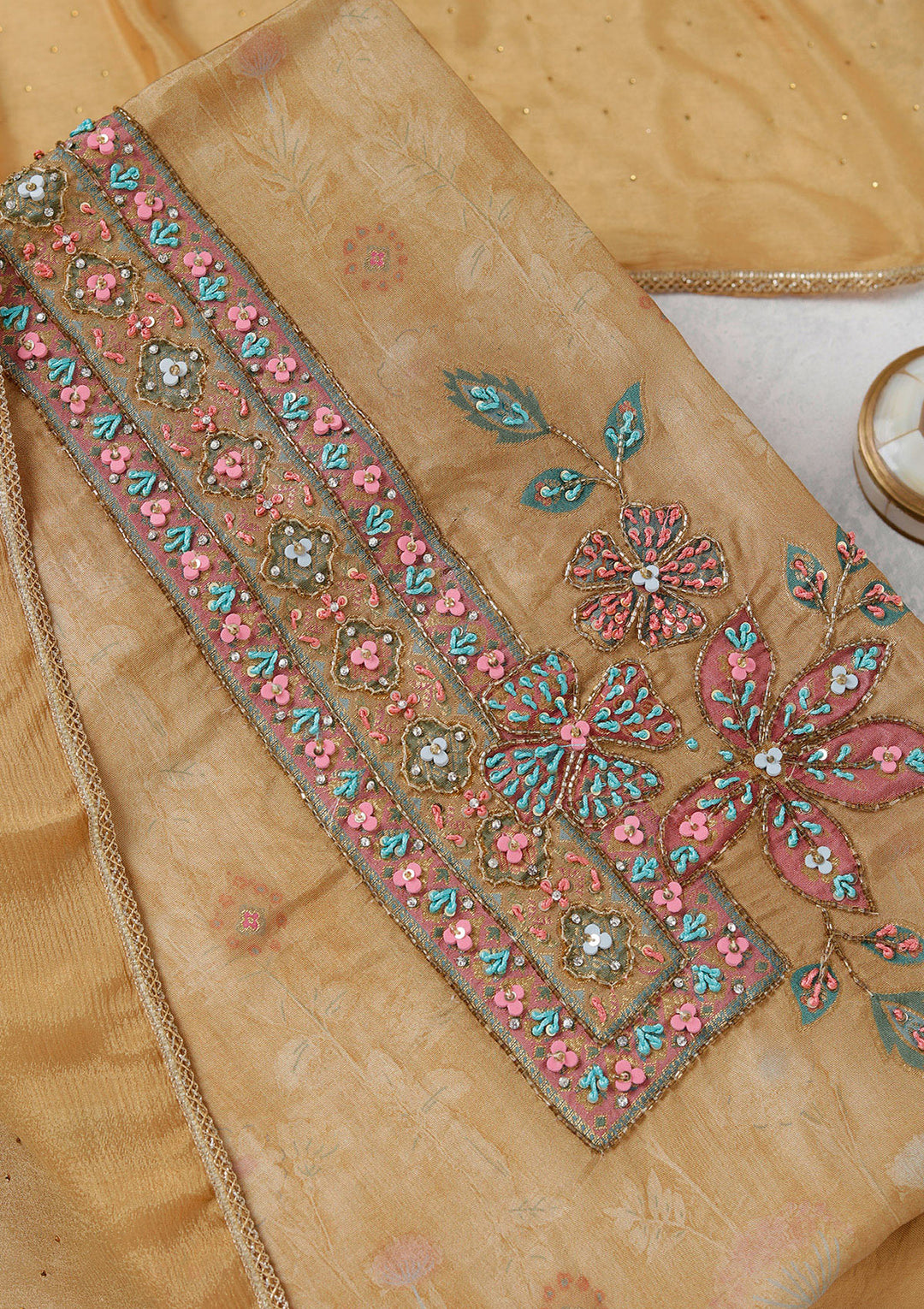 Beige Organza Gold Zariwork Unstitched Dress Material With Matching Bottom And Dupatta