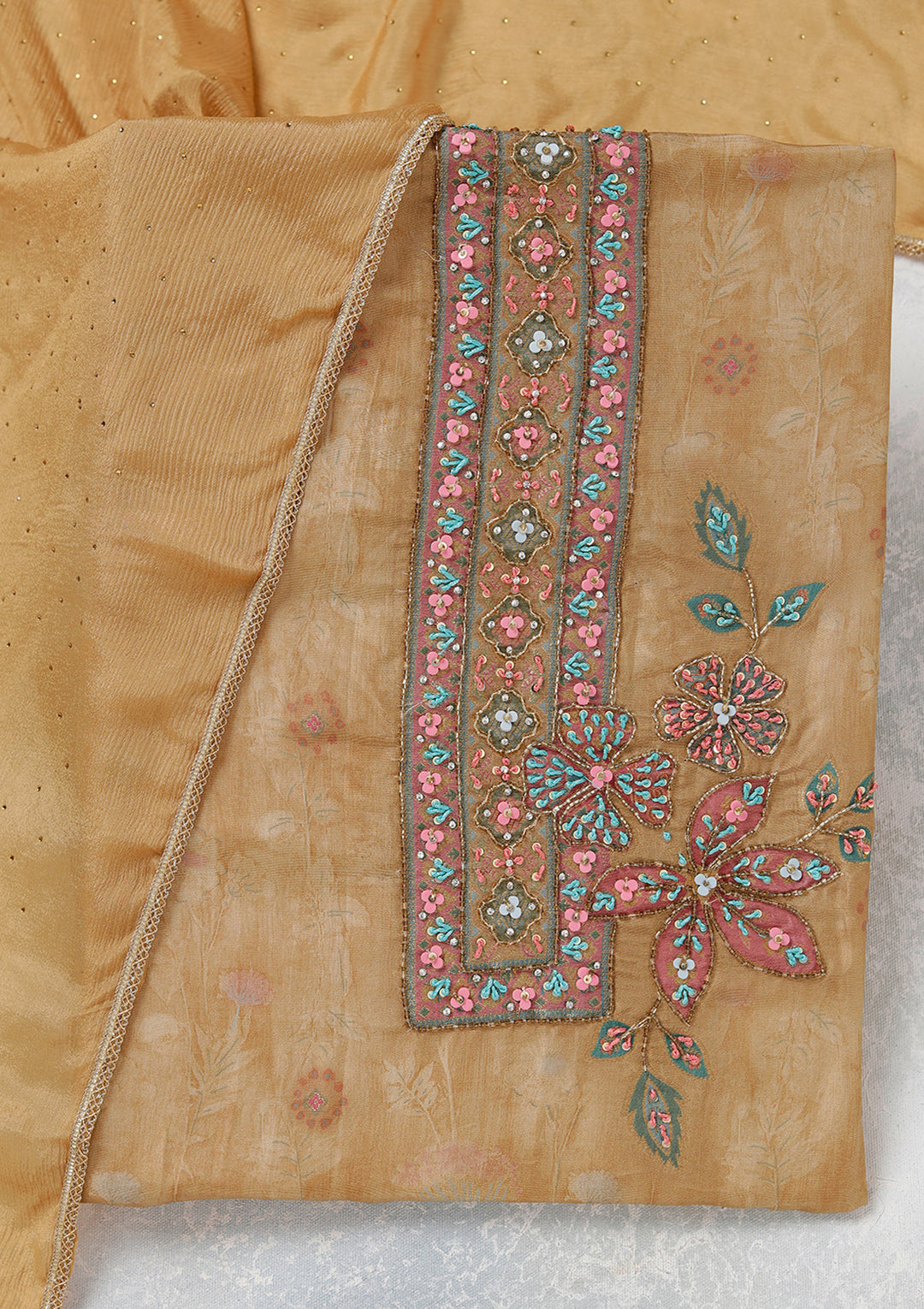 Beige Organza Gold Zariwork Unstitched Dress Material With Matching Bottom And Dupatta