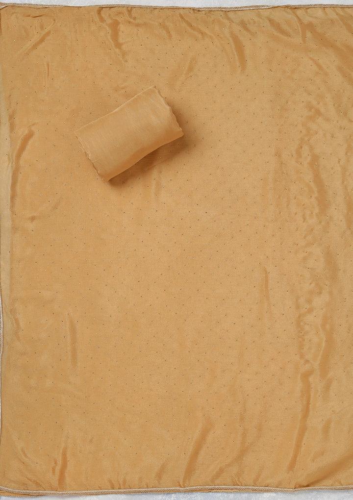 Beige Organza Gold Zariwork Unstitched Dress Material With Matching Bottom And Dupatta