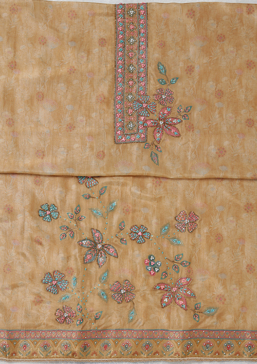 Beige Organza Gold Zariwork Unstitched Dress Material With Matching Bottom And Dupatta